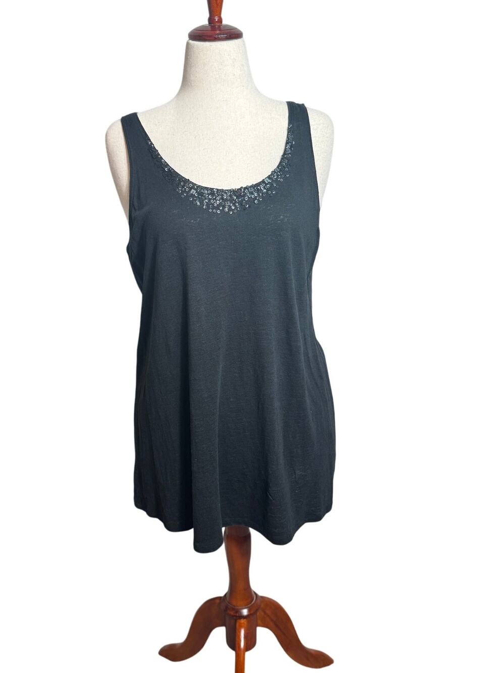 EIleen Fisher linen tunic tank black sequined neckline sleeveless loose fit Sz L